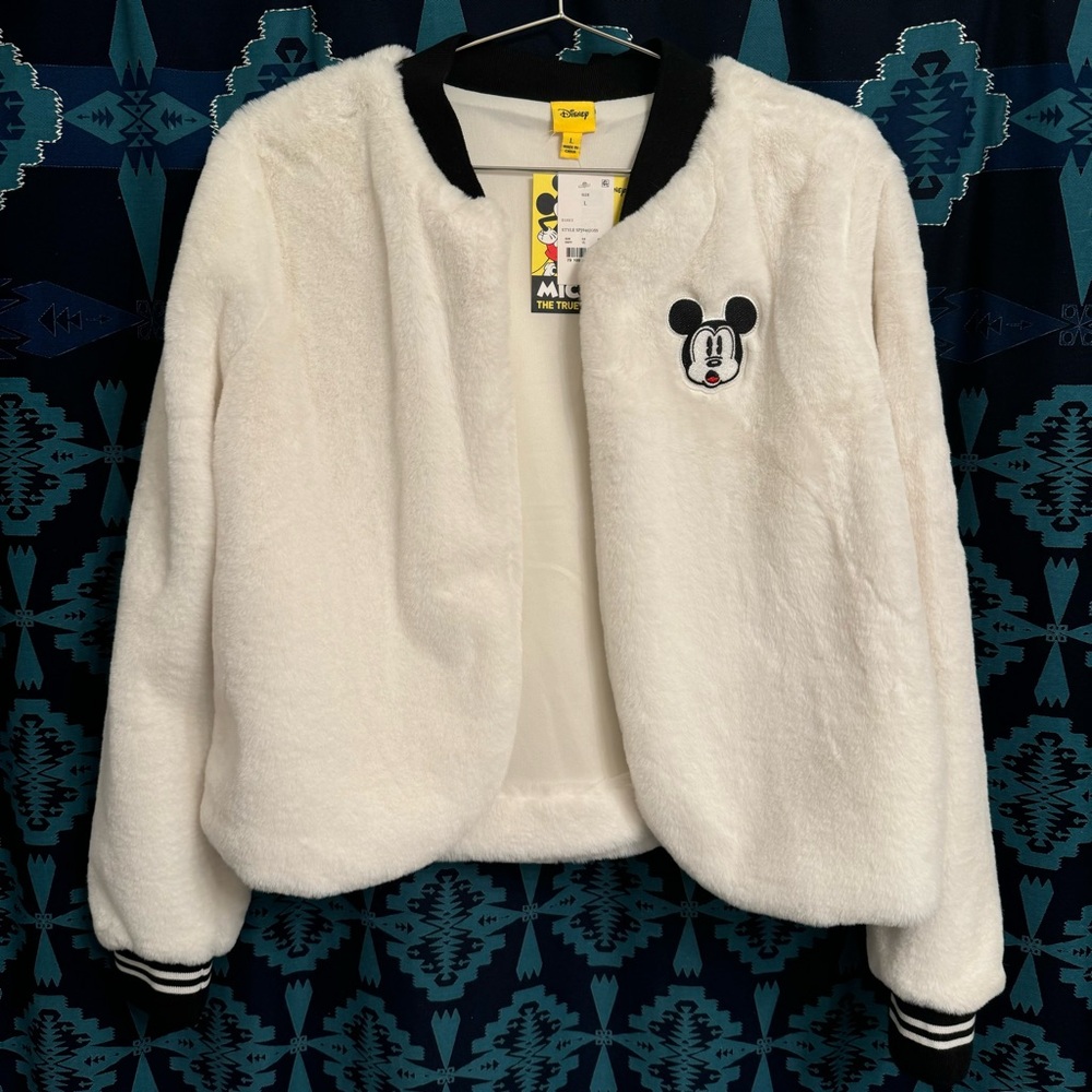 DISNEY Embroidered Mickey Faux Fur Bomber Jacket NWT